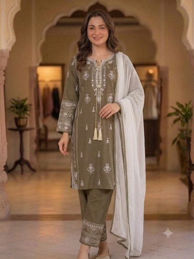 Taupe Brown Embroidered Palazzo Suit Set for Women