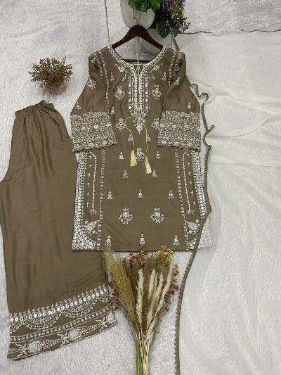 Taupe Brown Embroidered Palazzo Suit Set for Women