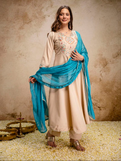Cream Embroidered Anarkali Suit with Blue Dupatta