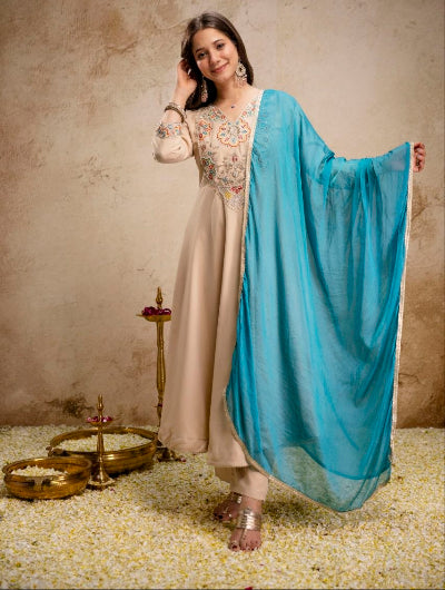 Cream Embroidered Anarkali Suit with Blue Dupatta