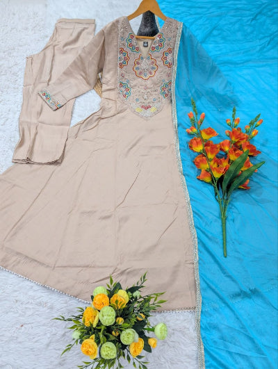 Cream Embroidered Anarkali Suit with Blue Dupatta