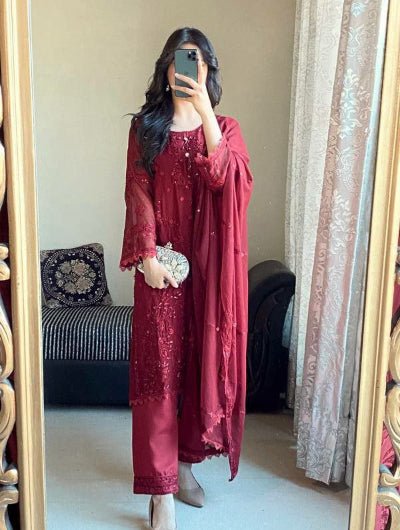 Maroon Georgette Embroidery Moti Work Straight Suit Set - BONYHUBSALWAR KAMEEZ