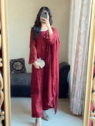 Maroon Georgette Embroidery Moti Work Straight Suit Set - BONYHUBSALWAR KAMEEZ