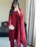 Maroon Georgette Embroidery Moti Work Straight Suit Set - BONYHUBSALWAR KAMEEZ