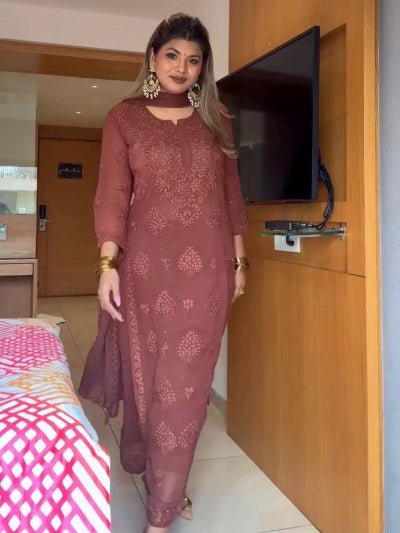 Dusty Mauve Georgette Chikankari Straight Suit Set - BONYHUBSALWAR KAMEEZ