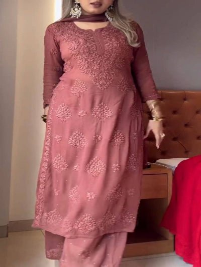 Dusty Mauve Georgette Chikankari Straight Suit Set - BONYHUBSALWAR KAMEEZ