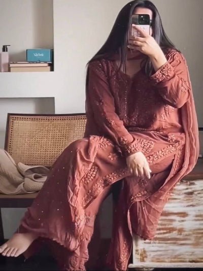 Dusty Mauve Georgette Chikankari Straight Suit Set - BONYHUBSALWAR KAMEEZ