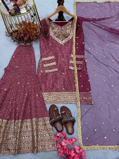 Burgandy Chinon Silk Bandhani Print Sharara Suit - BONYHUBSALWAR KAMEEZ