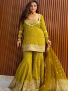 Mustard Yellow Chinon Silk Bandhani Print Sharara Suit - BONYHUBSALWAR KAMEEZ