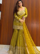 Mustard Yellow Chinon Silk Bandhani Print Sharara Suit - BONYHUBSALWAR KAMEEZ