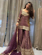 Burgandy Chinon Silk Bandhani Print Sharara Suit - BONYHUBSALWAR KAMEEZ