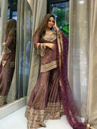 Burgandy Chinon Silk Bandhani Print Sharara Suit - BONYHUBSALWAR KAMEEZ