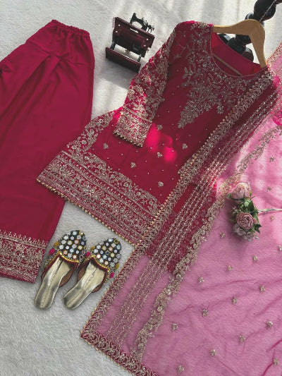 Magenta Pink Gold Embroidery Work Farshi Suit Set