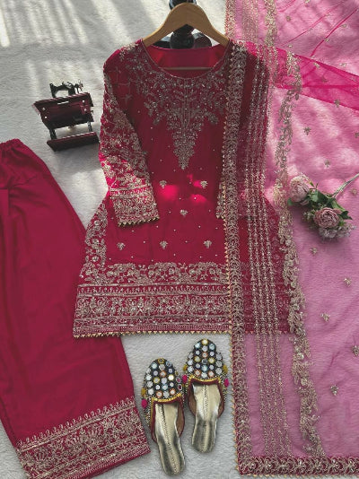 Magenta Pink Gold Embroidery Work Farshi Suit Set