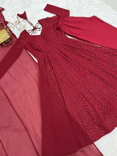 Maroon Lucknowi Sequence Work Georgette Anarkali Suit - BONYHUBSALWAR KAMEEZ