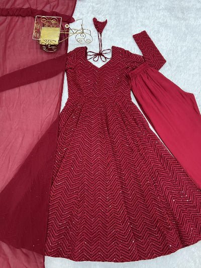 Maroon Lucknowi Sequence Work Georgette Anarkali Suit - BONYHUBSALWAR KAMEEZ