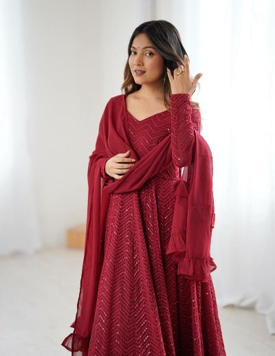 Maroon Lucknowi Sequence Work Georgette Anarkali Suit - BONYHUBSALWAR KAMEEZ