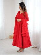 Red Lucknowi Sequence Work Georgette Anarkali Suit Set - BONYHUBSALWAR KAMEEZ