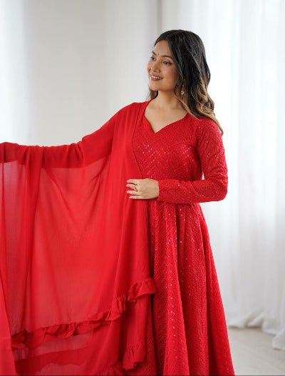 Red Lucknowi Sequence Work Georgette Anarkali Suit Set - BONYHUBSALWAR KAMEEZ
