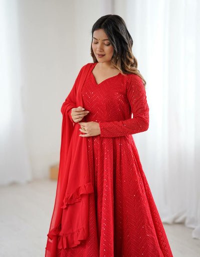 Red Lucknowi Sequence Work Georgette Anarkali Suit Set - BONYHUBSALWAR KAMEEZ