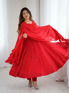 Red Lucknowi Sequence Work Georgette Anarkali Suit Set - BONYHUBSALWAR KAMEEZ