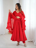 Red Lucknowi Sequence Work Georgette Anarkali Suit Set - BONYHUBSALWAR KAMEEZ