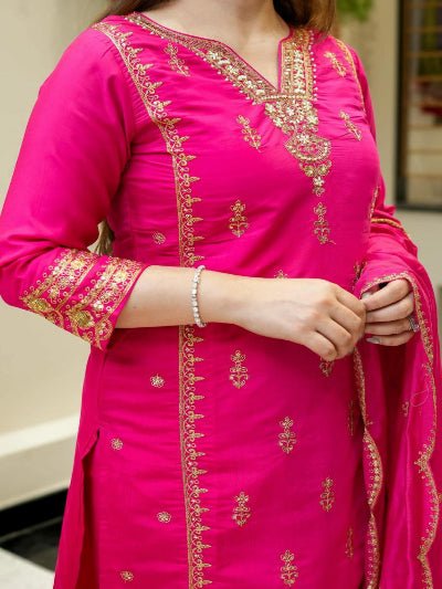 Rani Pink Chanderi Embroidery Straight Suit Set - BONYHUBSALWAR KAMEEZ