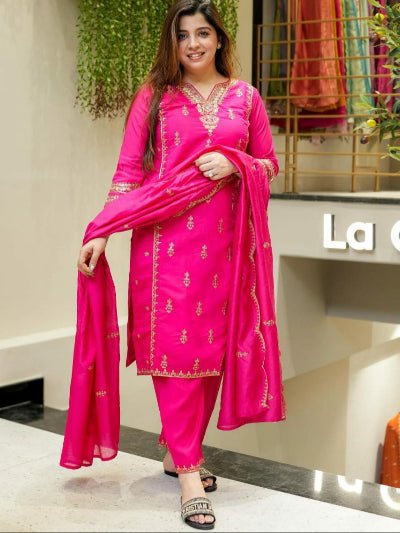 Rani Pink Chanderi Embroidery Straight Suit Set - BONYHUBSALWAR KAMEEZ