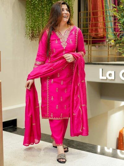 Rani Pink Chanderi Embroidery Straight Suit Set - BONYHUBSALWAR KAMEEZ