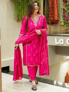 Rani Pink Chanderi Embroidery Straight Suit Set - BONYHUBSALWAR KAMEEZ