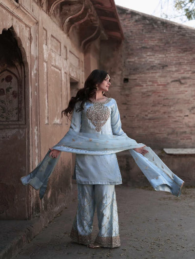 Pastel Blue Chinon Silk Mirror Work Palazzo Suit Set UK Next Day