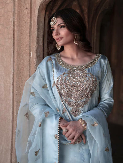 Pastel Blue Chinon Silk Mirror Work Palazzo Suit Set UK Next Day