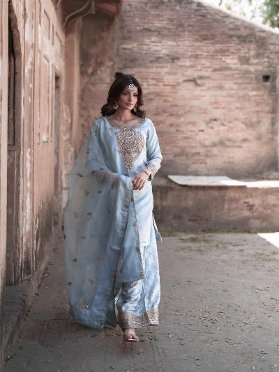 Pastel Blue Chinon Silk Mirror Work Palazzo Suit Set UK Next Day