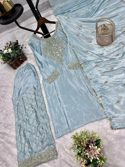 Pastel Blue Chinon Silk Mirror Work Palazzo Suit Set UK Next Day
