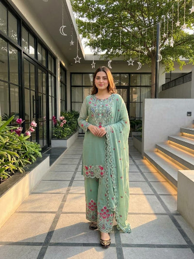 Sea Green Embroidered Palazzo Suit | Asian Ethnic Wear UK