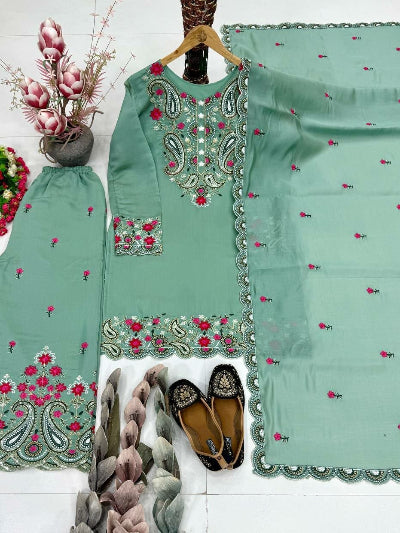 Sea Green Embroidered Palazzo Suit | Asian Ethnic Wear UK