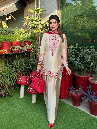 Ivory Cream Embroidered Farshi Salwar Suit Set for Women | Asian Ethnic Wear UK
