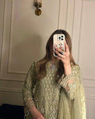 Pastel Green Sequin Moti Embroidery Work Sharara Suit - BONYHUBSALWAR KAMEEZ