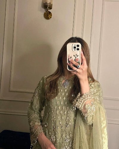 Pastel Green Sequin Moti Embroidery Work Sharara Suit - BONYHUBSALWAR KAMEEZ