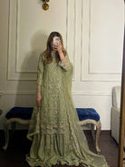 Pastel Green Sequin Moti Embroidery Work Sharara Suit - BONYHUBSALWAR KAMEEZ