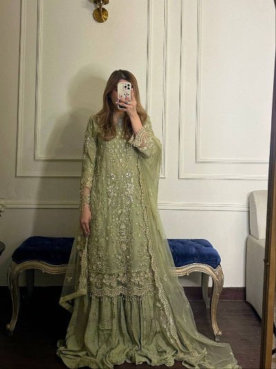 Pastel Green Sequin Moti Embroidery Work Sharara Suit - BONYHUBSALWAR KAMEEZ