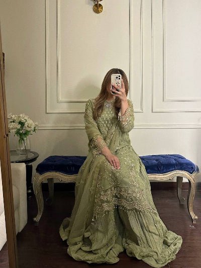 Pastel Green Sequin Moti Embroidery Work Sharara Suit - BONYHUBSALWAR KAMEEZ