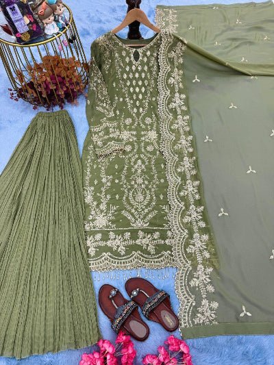 Pastel Green Sequin Moti Embroidery Work Sharara Suit - BONYHUBSALWAR KAMEEZ