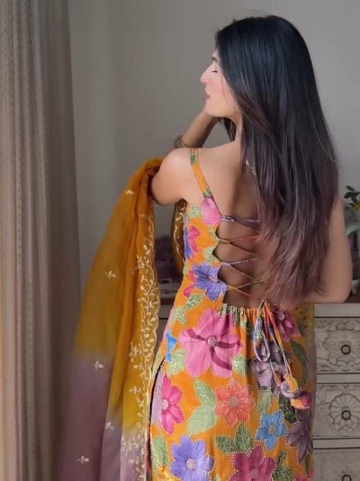 Yellow Floral Chinon Silk Sharara Suit Set - BONYHUBSALWAR KAMEEZ