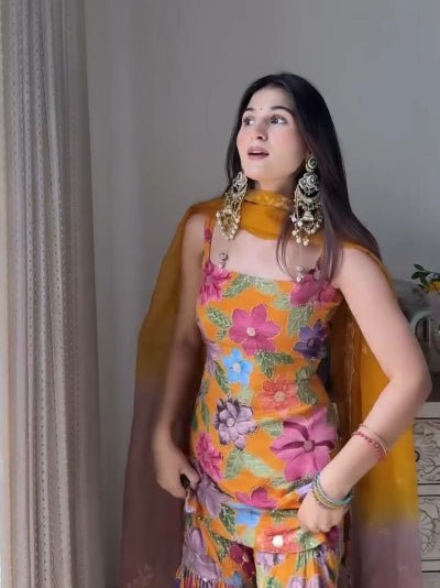 Yellow Floral Chinon Silk Sharara Suit Set - BONYHUBSALWAR KAMEEZ