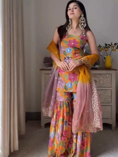 Yellow Floral Chinon Silk Sharara Suit Set - BONYHUBSALWAR KAMEEZ