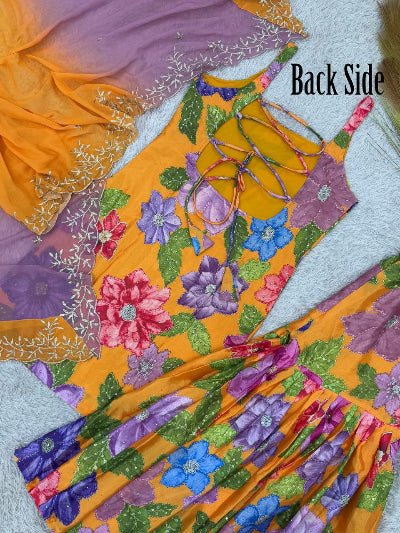 Yellow Floral Chinon Silk Sharara Suit Set - BONYHUBSALWAR KAMEEZ