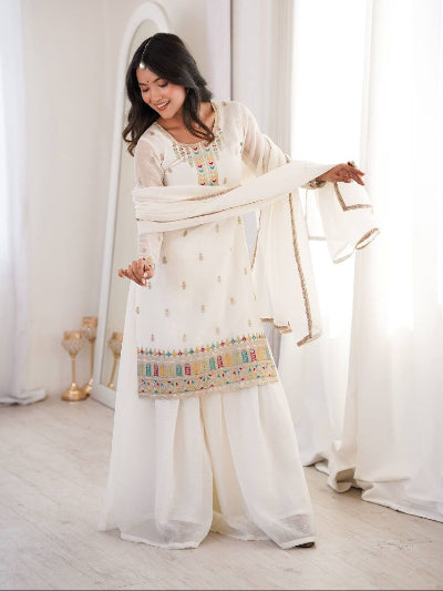 White Full Sleeves Modest Sharara Palazzo Suit Set