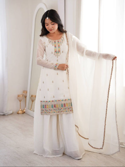 White Full Sleeves Modest Sharara Palazzo Suit Set