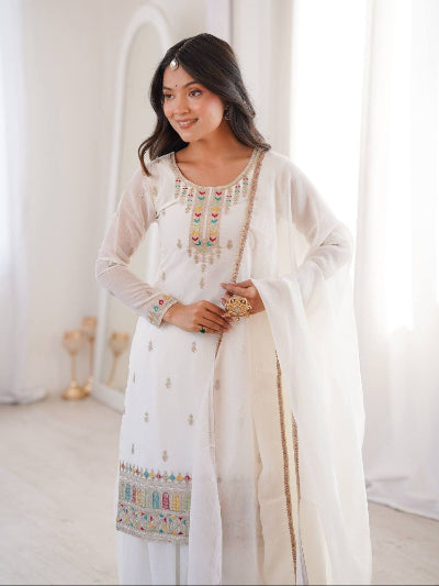 White Full Sleeves Modest Sharara Palazzo Suit Set